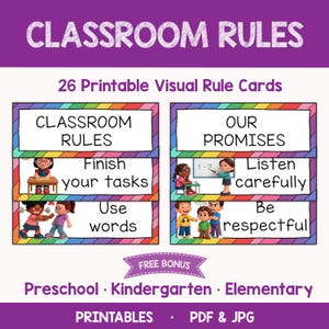 Puede incluir: Un conjunto de 26 tarjetas visuales de reglas imprimibles con el texto CLASSROOM RULES y OUR PROMISES. Cada tarjeta incluye bordes coloridos de arcoíris e ilustraciones de niños en varios escenarios escolares con texto.