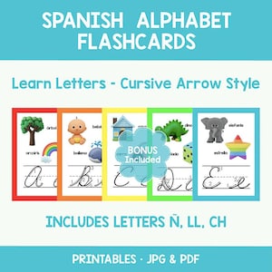May include: Spanish alphabet flashcards with colorful illustrations and cursive letters. Each card features a letter with a corresponding image, such as a tree, baby, whale, house, dinosaur, elephant, and star. Includes letters Ñ, LL, and CH.