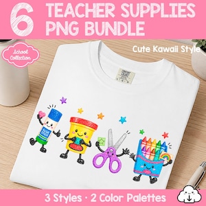Puede incluir: Una camiseta blanca con un estampado gráfico de cuatro artículos escolares antropomórficos: un pegamento en barra azul, un bote de plastilina amarillo, unas tijeras moradas y una caja de ceras azul, decorados con pequeñas estrellas de colores.