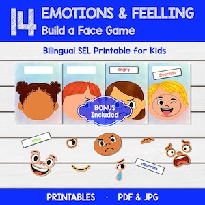May include: A printable educational game titled "Emotions & Feeling Build a Face Game" for kids. The image features illustrated faces with interchangeable facial features, including eyes, mouths, and eyebrows, to express different emotions. The game includes the words "angry", "divertido", "calm", and "aburrido".