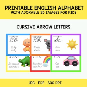 Printable Cursive Alphabet Flashcards for Kids | A-Z Script Letters with 3D Images | PDF JPG Tracing Guide | Homeschool Classroom Decor