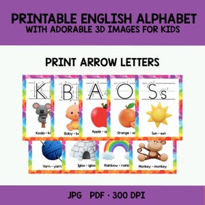 English Alphabet Print Arrow Letters with 3D Images – Printable PDF & JPG Educational ABC flashcards for Kids
