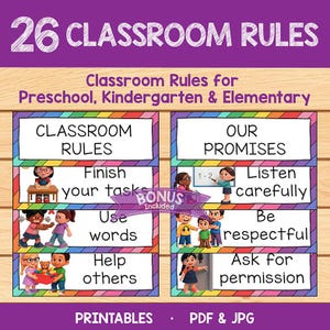 Puede incluir: Un póster morado con el texto "26 REGLAS DEL AULA" y "Reglas del aula para preescolar, jardín de infancia y primaria". El póster incluye ilustraciones coloridas y cuadros de texto con reglas del aula como "Termina tus tareas" y "Escucha con atención".