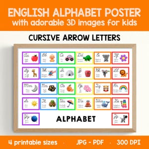3D English Alphabet Poster Printable in Arrow Cursive Letters | Educational ABC Wall Art | Handwriting Practice Decor for Kids or Classroom