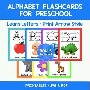 Puede incluir: Tarjetas didácticas del alfabeto para preescolar. Aprende letras con estilo de flecha impresa. Incluye tarjetas coloridas con imágenes de manzana, bebé, coche, dinosaurio, elefante, flor y jirafa. JPG y PDF imprimibles.
