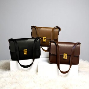 Schultertasche | Dunkelbraune PU-Leder Crossbody Geldbörse | Minimalistische Kleine Tasche mit Goldverschluss | Vegan Ledertasche