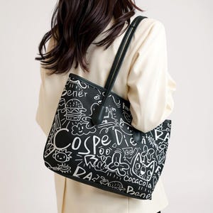 Bolso de mano con estampado gráfico para mujer / Bolso de hombro de PU y tela / Monedero con estampado de dibujos kawaii / Bolso informal para uso diario / Bolso con estética artística