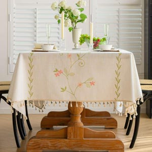 Embroidered Floral Tablecloth with Tassels | Vintage-Style Rectangular Table Cover | Elegant Spring Dining Room Decor