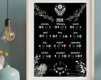 Afdrukbare maankalender 2026 | Zwart-witte maanstanden (A4, US Letter, 5 x 7 bonus)