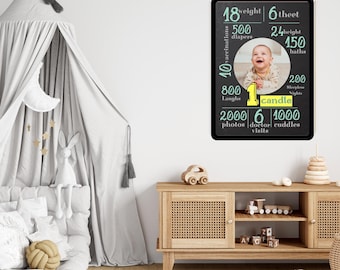 Bewerkbare mijlpaalposter 1e verjaardag | Gepersonaliseerde babyfotobord