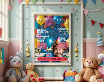 Verschrikkelijke verjaardagsposter drie | Aangepast bord in stijl van tijdschriftomslag | Decoratie 3e verjaardag | Digitale download