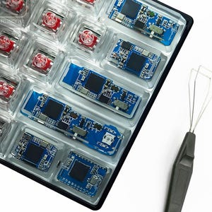 May include: A close-up shot of mechanical keyboard components, including red switches, blue circuit boards, and a keycap puller. The components are arranged in a black tray, ready for assembly. The image is well-lit and shows the details of each part.