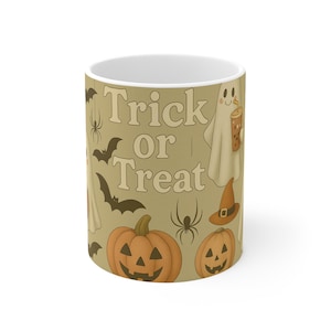 Cute Halloween Ghost Pumpkin Mug, Trick or Treat Coffee Cup, Spooky Vibes Fall Tea Cup, Autumn Cozy Drinkware Gift