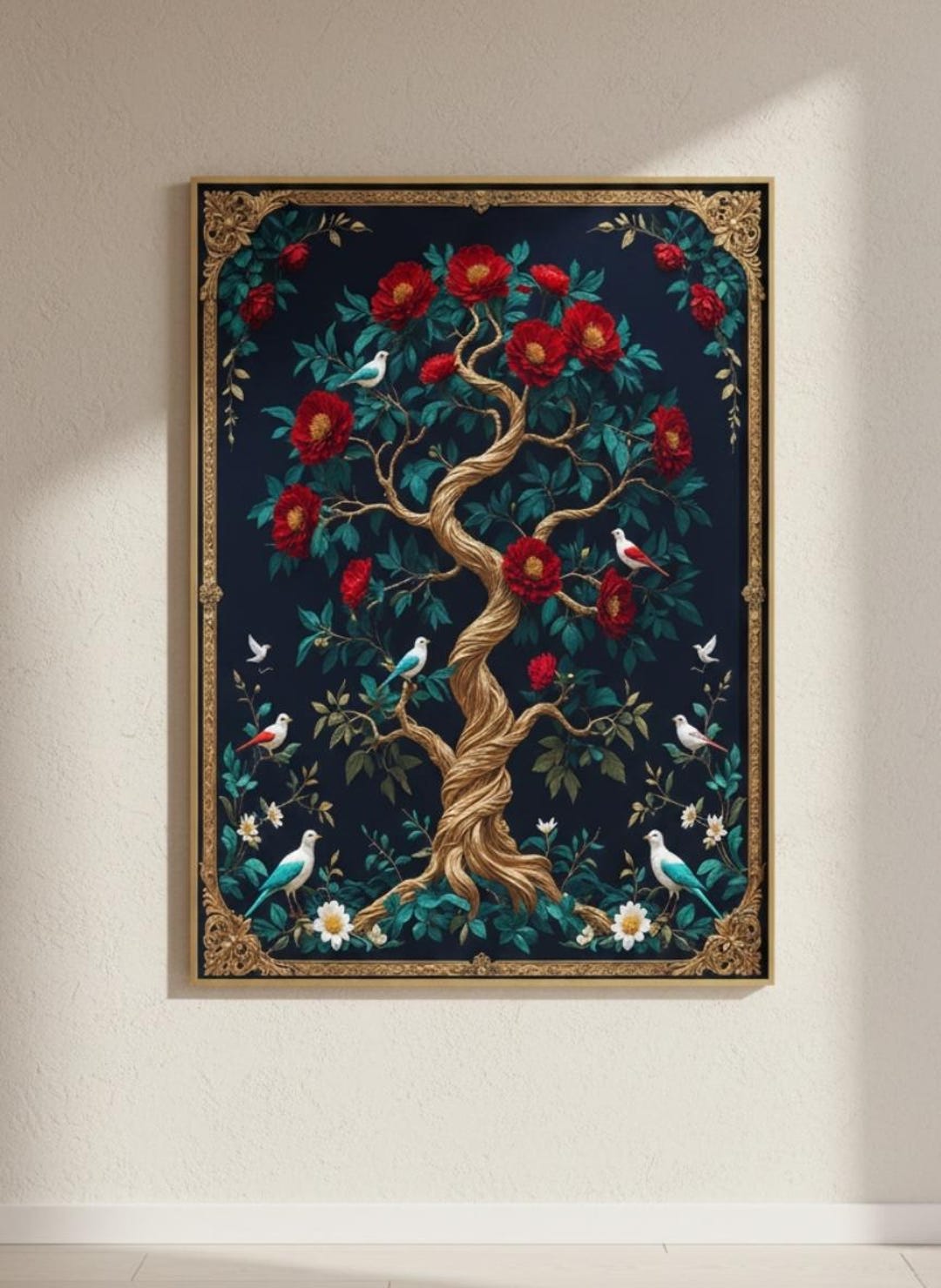 Floral Tree of Life Art Print, Gold Accent, Elegant Home Decor (digital ...