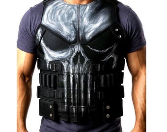 Punisher Skull Leather Tactical Vest | Combat Leather Armor Cosplay | Punisher Style Vest