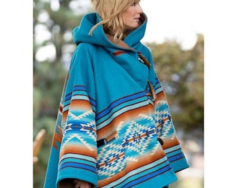 Abrigo de lana azul inspirado en el estilo de la televisión occidental / Chaqueta larga tipo capa para mujer / Prenda exterior con capucha