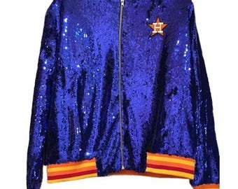 Chaqueta de lentejuelas de los Astros – Chaqueta bomber azul de Houston – Traje brillante para el día del partido para los fans