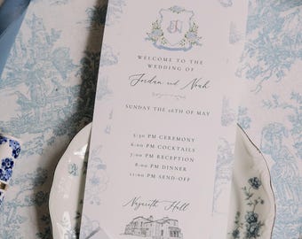Modèle de programme de mariage bleu côtier de chinoiseries - modifiable pour le grand jour !