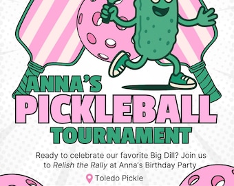 Invitation rose et verte d&#39;anniversaire de pickleball | Invitation numérique de partie orientée de cornichons | Tournoi de pickleball imprimable | Modèle modifiable