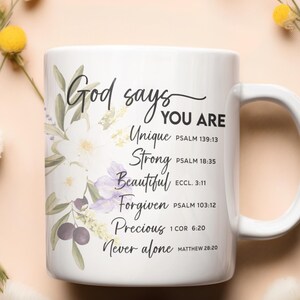 God Says You Are Mug – Christian Coffee Cup with Bible Verses, Inspirational Scripture Ceramic Mug, Religious Gift for Women or Men