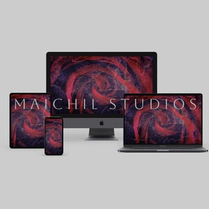 May include: A collection of electronic devices, including a desktop computer, tablet, smartphone, and laptop, displaying a swirling red and purple abstract design. The text "MAICHIL STUDIOS" is displayed on each screen.