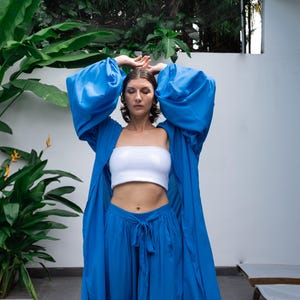 Azure Blue Boho Kimono  | Handcrafted Bali Wear | Rayon Viscose Flowing Drape | Festival or Lounge Kimono