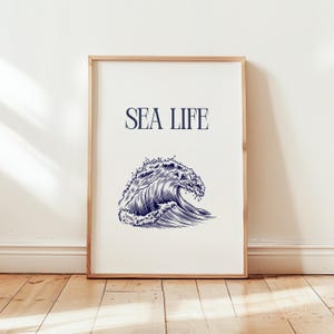 Blue Ocean Vintage Art Print, Coastal Wall Art, Nautical Decor, Beach House Decor, Sea Life Poster, Minimalistic Wall Art, Beach Wave Print