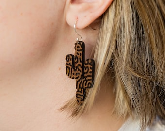 Saguaro Cactus Dangle Earring - Engraved Walnut Wood