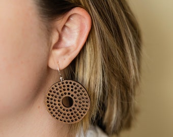 Circle Holes Dangle Earring - Walnut Wood