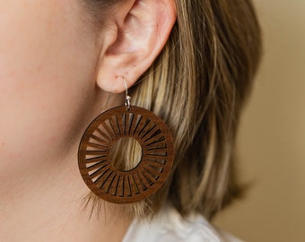 Round Wheel Dangle Earring - Walnut Wood
