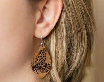 Speckled Butterfly Dangle Earring - Engraved Walnut Wood