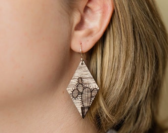 Diamond Cactus Dangle Earring - Engraved Walnut Wood