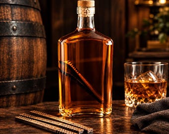 May include: A clear glass rectangular bottle filled with amber liquid, sealed with a cork stopper. Inside the bottle is a dark wooden stirring stick. Three additional identical wooden stirring sticks lie horizontally in front of the bottle.