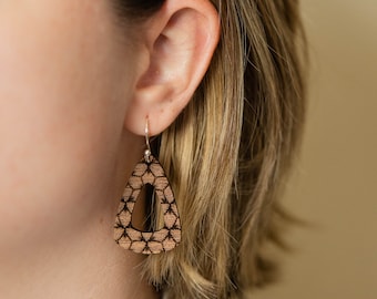 Triangle Hoop Dangle Earring - Engraved Walnut Wood