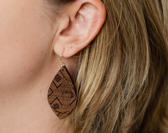 Floral Boots Dangle Earring - Engraved Walnut Wood