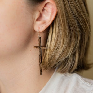 Skinny Cross Dangle Earring - Engraved Walnut Wood