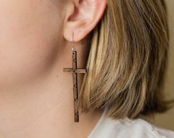 Skinny Cross Dangle Earring - Engraved Walnut Wood