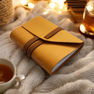 Handmade leather notebook, crazy horse leather journal, blank pages, A5, 5.8&quot; x 8.3&quot;, yellow