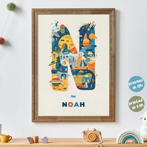 Könnte beinhalten: Gerahmter Kunstdruck mit einem farbenfrohen, illustrierten Buchstaben "N", gefüllt mit skurrilen Formen und Designs. Der Druck ist mit dem Namen "Noah" personalisiert, in einem Holzrahmen.