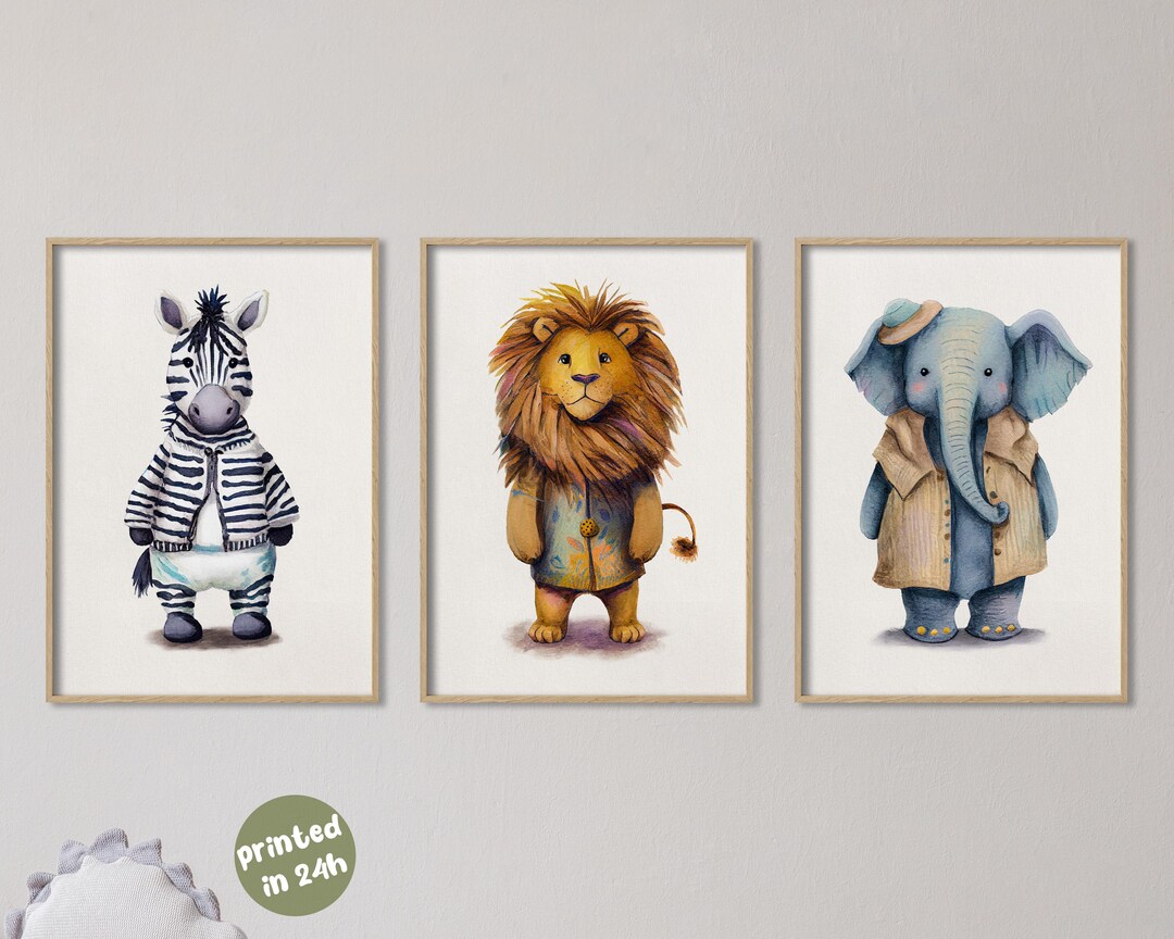 Set of 3 Safari Animal Nursery Prints | Zebra, Lion and Elephant Wall ...