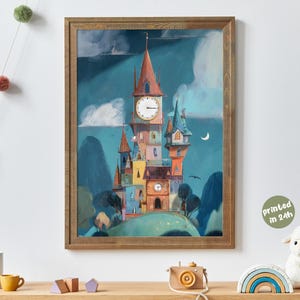 May include: A framed art print depicting a colourful castle with a clock tower, set against a night sky with a crescent moon and birds. The artwork uses blue, orange, and yellow hues. The frame is a warm brown. The text "printed in 24h" is visible.