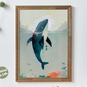 Orca e bambina - Sogni sull'oceano | Decorazione murale con balene per la cameretta dei bambini | Poster minimalista con l'oceano per la cameretta dei bambini | Illustrazione stampata di vita marina | Montessori
