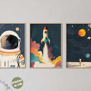 Lot de 3 impressions d'art pour chambre d'enfant sur le thème des aventures spatiales | Décoration murale représentant une fusée d'astronaute et une galaxie lointaine | Planètes