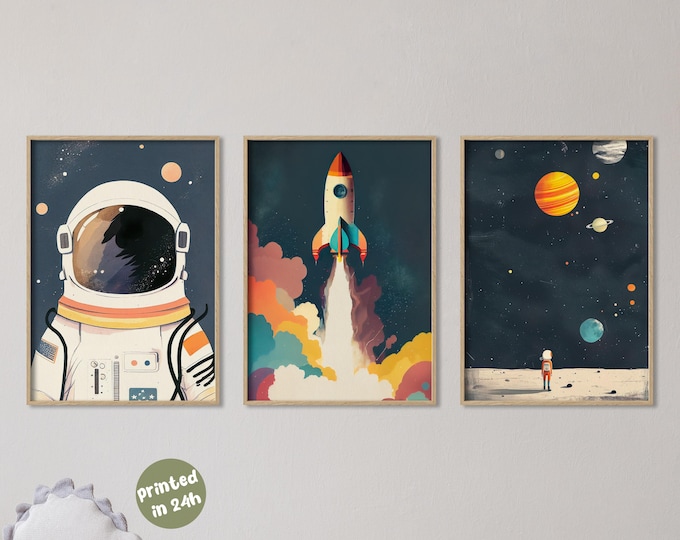 Set of 3 Space Adventure Nursery Art Prints |  Astronaut Rocket ship and Distant Galaxy Wall Prints for Children's Room Decor | Planets