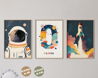 Personalized Space Wall Art Set of 3 I Custom Letter Name Print, Astronaut & Rocket Posters | Designer Made Nursery Decor Gift for Kids