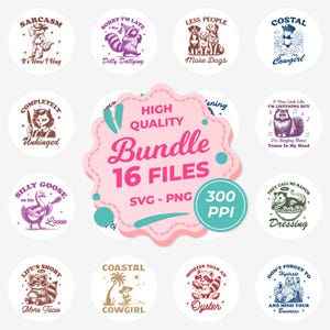 Bundle Vintage 80s 90s Sarcasm Print Funny Animal Cartoon Character SVG T-shirt Digital Design, Racoon Silly Goose Bear Coastal Cowgirl PNG