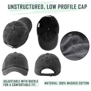 Puede incluir: Un conjunto de gorras de b&eacute;isbol negras, sin estructura y de perfil bajo. Fabricadas en 100% algod&oacute;n lavado, las gorras tienen una hebilla ajustable para un ajuste c&oacute;modo. La imagen muestra varias vistas de la gorra, destacando su dise&ntilde;o.