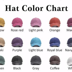Puede incluir: Una carta de colores que muestra gorras de b&eacute;isbol en varios colores, incluyendo amarillo, rosa rojo, rosa claro, naranja, granate, caqui, morado, azul claro, azul real, azul marino, verde, negro, gris, caf&eacute; y blanco. El texto "Hat Color Chart" est&aacute; en la parte superior.