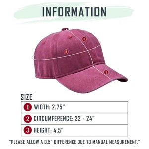Puede incluir: Gorra de b&eacute;isbol granate con visera curva. La gorra tiene 7 cm de ancho, 56-61 cm de circunferencia y 11 cm de altura. La palabra "INFORMATION" est&aacute; en la parte superior de la imagen.