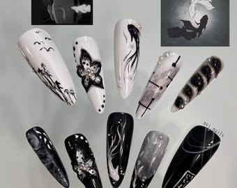 SatoSugu JJK Press On Nails | Long Almond Nails | Handmade Gel Nails | Black and White Nails | Custom Press On Nails | Jujutsu Kaisen Nails